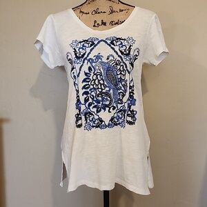 Lucky Brand White Tee with Blue Ornate Bird Print (M)